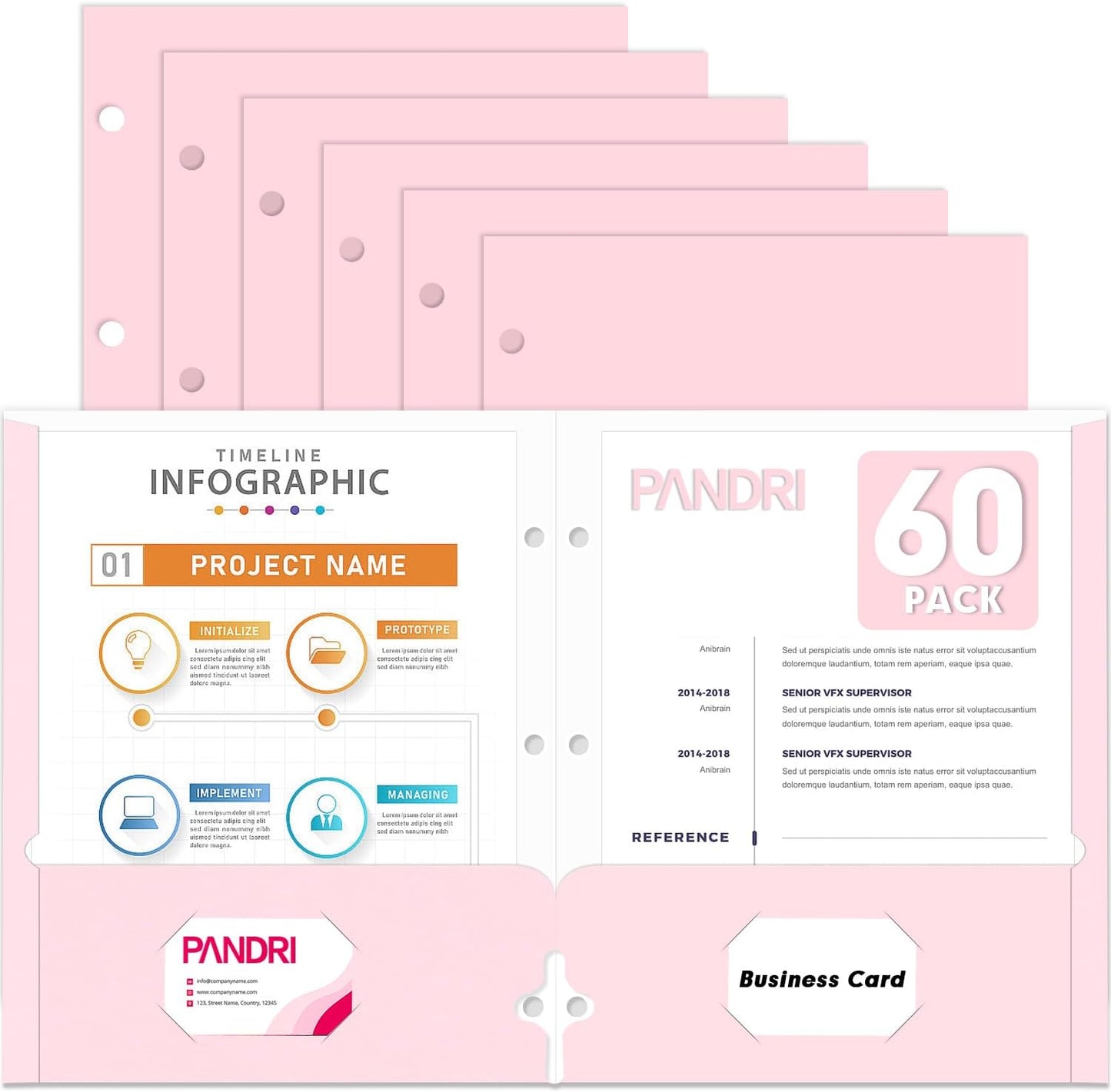 Two Pocket Portfolio Folders, PANDRI 60 Pack 3 Hole Punched 2 Pocket Folders for 3 Ring Binder, Letter Size Paper File Folder for School Office Home Business, Pink