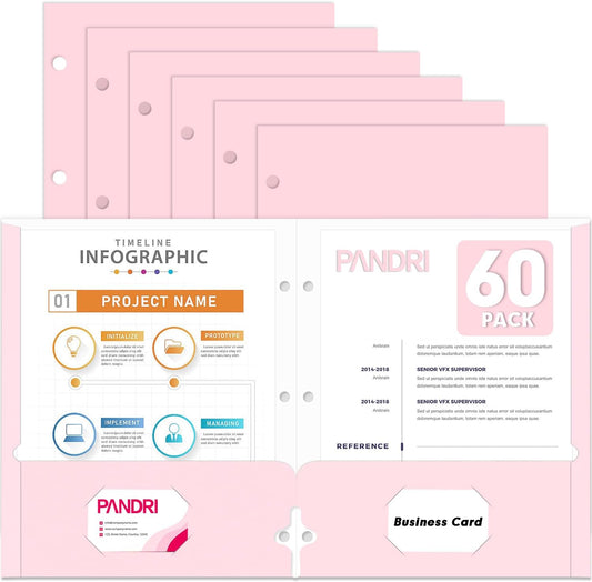 Two Pocket Portfolio Folders, PANDRI 60 Pack 3 Hole Punched 2 Pocket Folders for 3 Ring Binder, Letter Size Paper File Folder for School Office Home Business, Pink