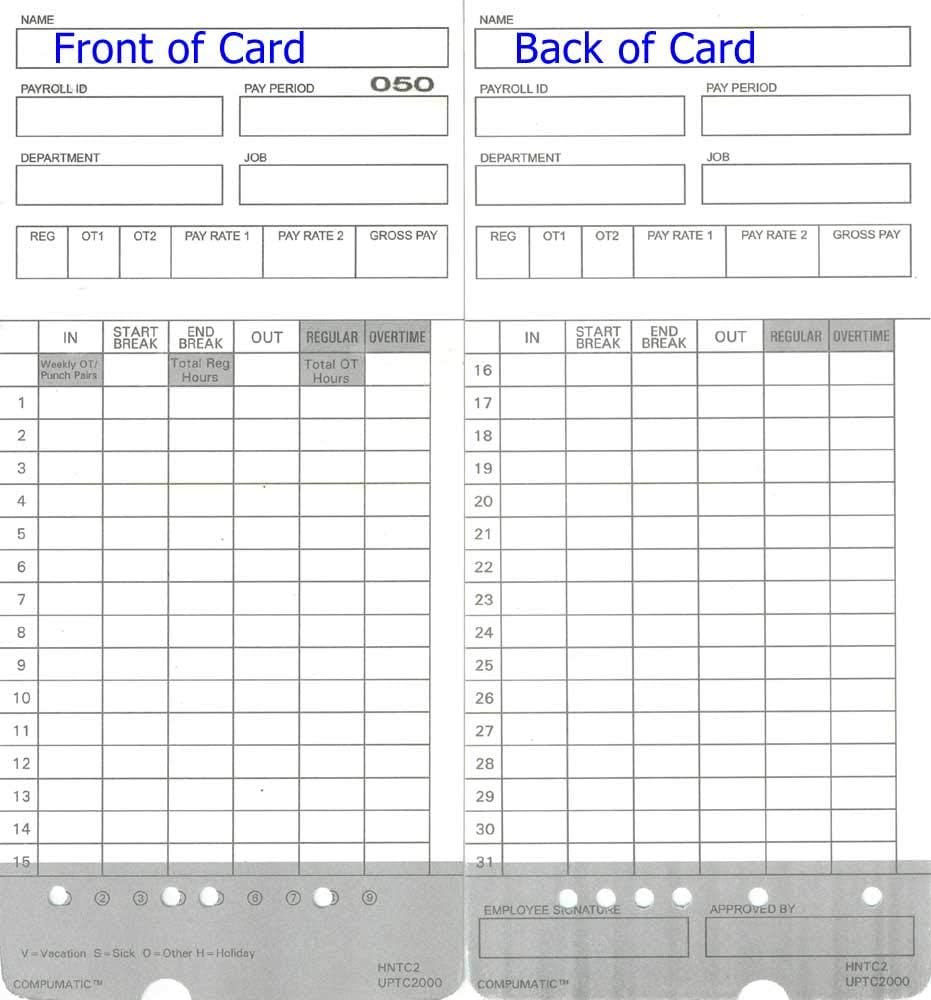 50 Time Cards for uPunch HN2000, HN2500, HN4000, HN4500 AutoAlign Calculating Time Clock and More HNTC2 UPTC2000 COMPUMATIC Compatible