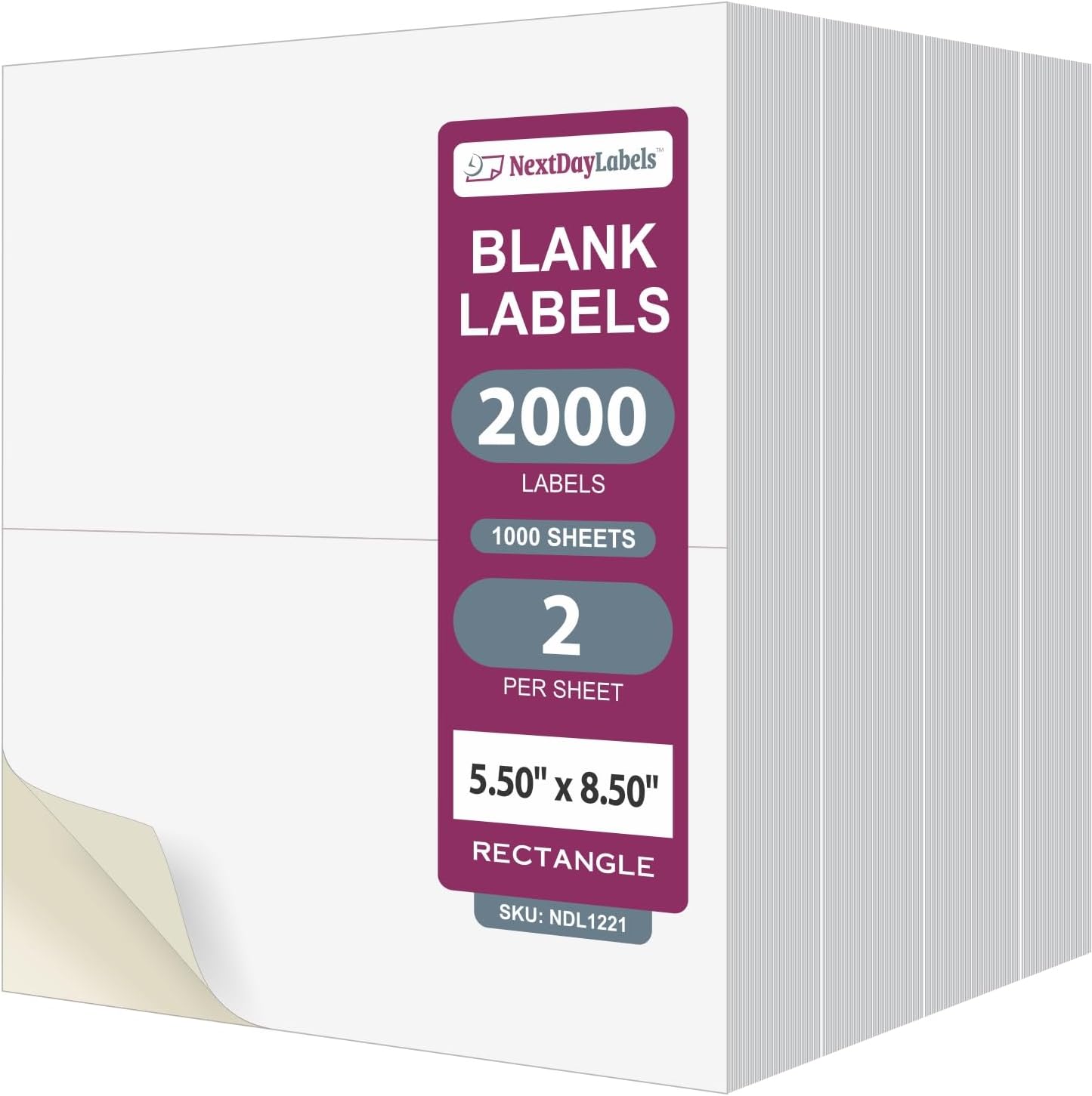 NextDayLabels – 8-1/2" x 5-1/2" Rectangular Sticker Labels for Printer - White Laser/Inkjet Printer Labels Return Address Labels Shipping Label Stickers (1000 Sheets, 2 Per Sheet, 2000 Labels)
