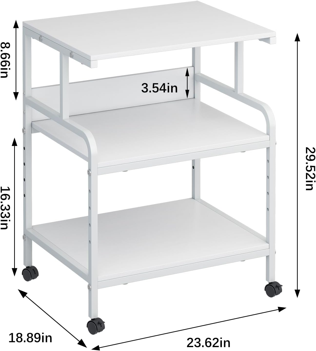 Large Printer Stand with Storage Shelf, 23.6" W x 18.9" D Printer Cart with Wheels, 3 Tier Mobile Printer Table for Home Office,Stands for Heat Press Scanner Fax (White)