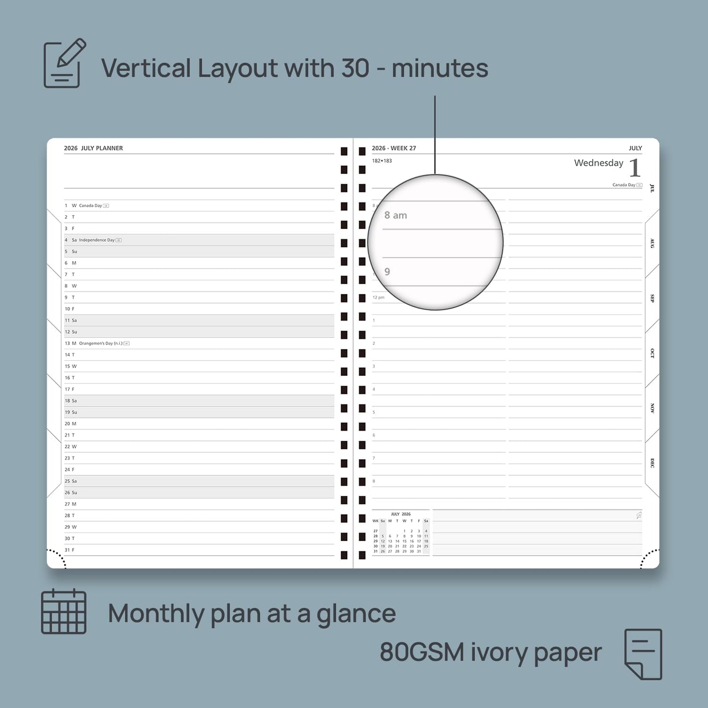 POPRUN 2026 Daily Planner One Page A Day - [A4 Large Size 8.25" x 12" -Spiral Hard Cover], Agenda 2026 Hourly Appointment Book with Monthly Calendar, Pen Holder, Ivory Paper -Light Pink