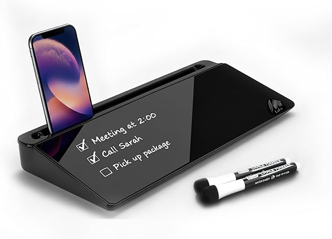 Black Glass Desktop Whiteboard – Modern Dry Erase Board with Storage Drawer for Desk Notes & Organization