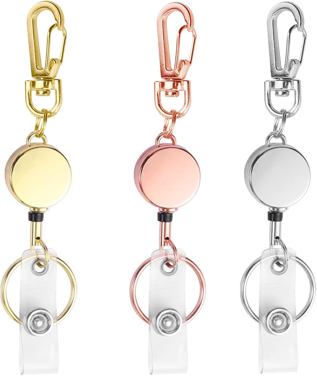 bolimoss 3 Pack Retractable Keychain, Retractable Badge Holder, Badge Reel for Id Card Holders, Id Card Holder （Silver,Rose Gold,Gold