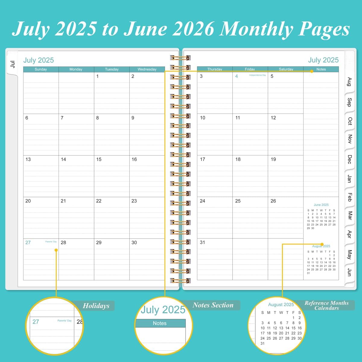 2025-2026 Daily & Monthly Planner - One Page Per Day, Daily Planner 2025-2026 from July 2025 to June 2026, Planner 25-26 with 12 Monthly Tabs, 6.4" x 8.5", Teal Flowers