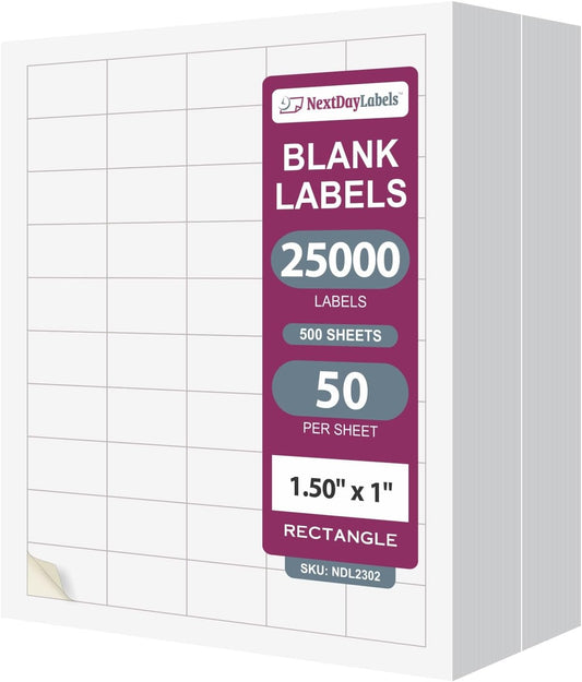 NextDayLabels – 1.5" x 1" Rectangular Sticker Labels for Printer - White Laser/Inkjet Printer Labels Return Address Labels Shipping Label Stickers (500 Sheets, 50 Per Sheet, 25000 Labels)