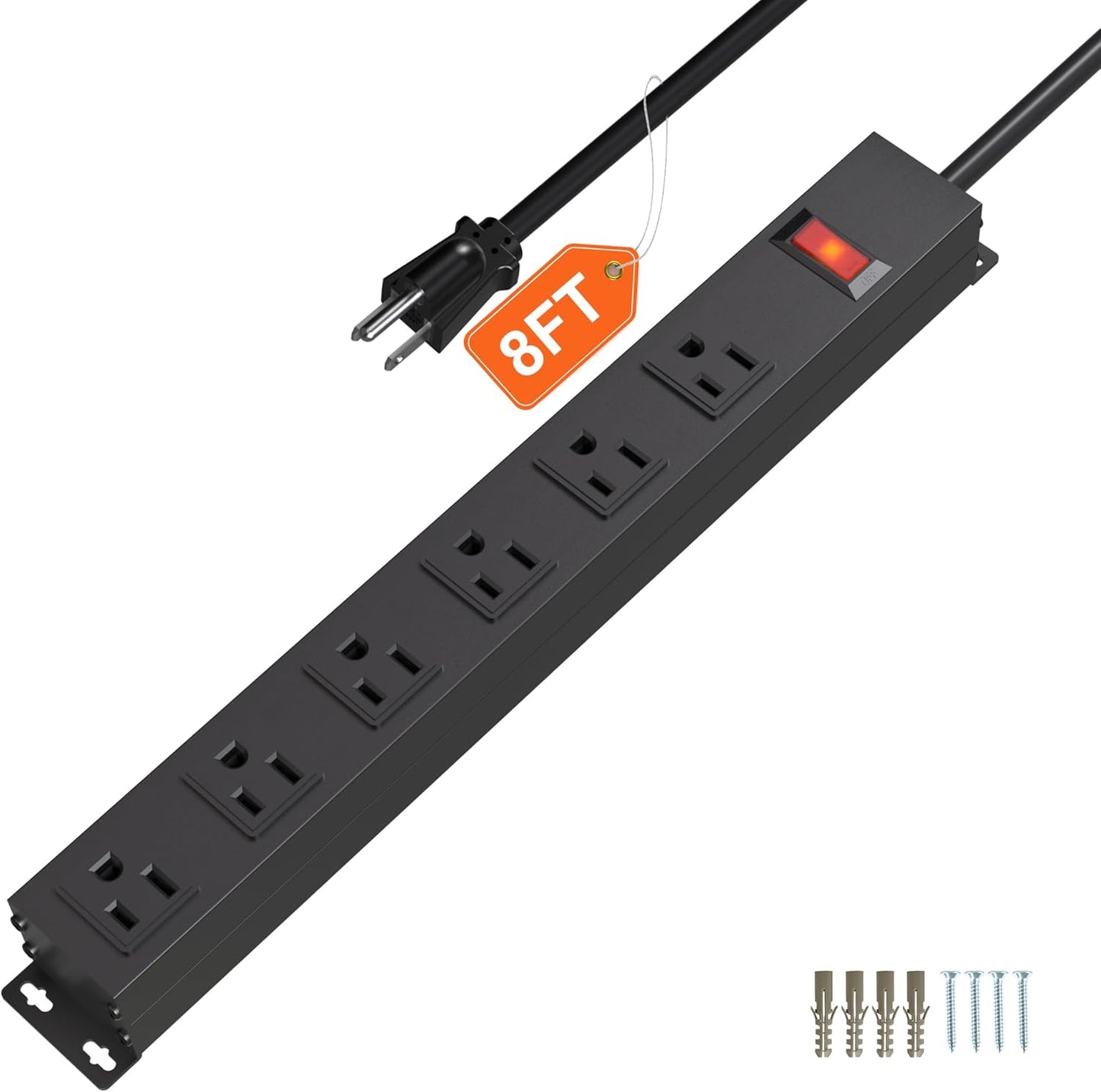 6 Outlet Heavy Duty Power Strip with Long Power Cord,Mountable Power Strip Without Surge Protector for Garage,Industrial,School and Home,15A 125V 1875W,ETL Approved and Listed,Black (8FT)