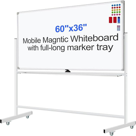 Mobile Magnet Whiteboard with Stand 60x36 Double-Sided Dry Erase Board with Stand - Magnetic Portable Standing Whiteboard - 5' x 3' Rolling White Boards with Easy Flip Feature