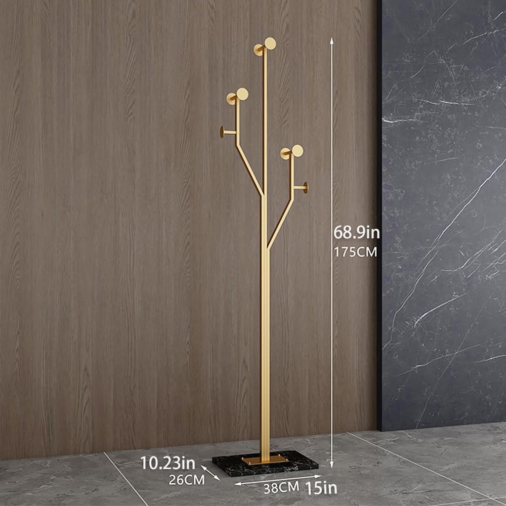 Gold Coat rack,Sturdy coat tree freestanding heavy duty with Marble Base,Metal standing coat rack for Bedroom,Entrance,Modern coat hanger stand for Coats,Hats,Bags(gold)