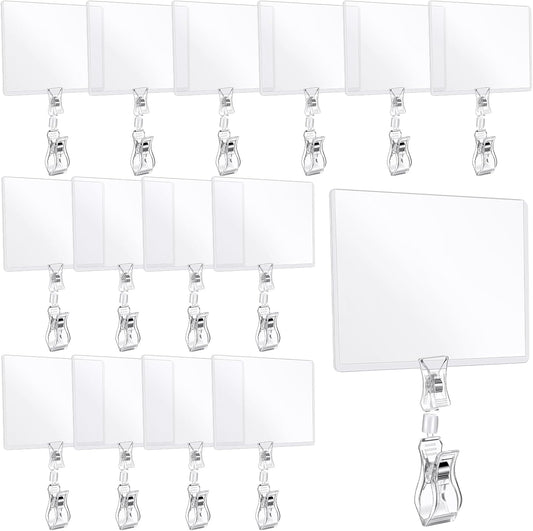 Epakh 20 Pieces Sign Clips Rotating Price Tag Clip Swivel Sign Holder for Handrails or Tubes with 20 Pieces Hard Card Sleeves PVC Card Protector for Shelves Store Supermarket(Double Sided Clips Style)