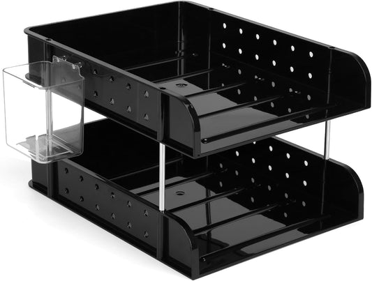 Stackable Letter Tray Papers Organizers, A4 Size Desk Organizer Tray for Letter Paper Stationery Desk Accessories, Plastic Black Paper Holder File Organizer for Office, School, Home (Dark Black)