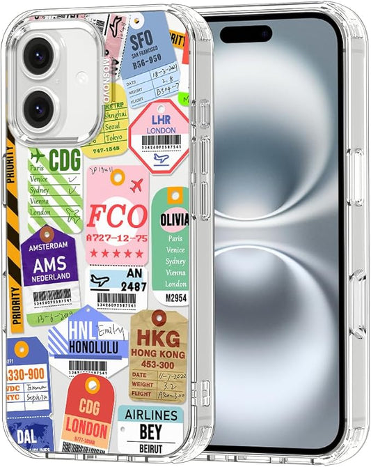 MOSNOVO Case for iPhone 16, [Buffertech 6.6ft Military-Grade Drop Protection] [Anti Peel Off Tech] Clear TPU Bumper Phone Case Cover Design - Air Ticket Labels
