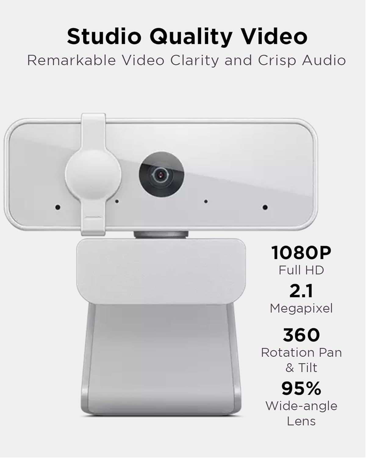 Lenovo HD 1080p Webcam (300 FHD) - Monitor Camera with 95° Wide Angle, 360° Rotation Pan & Tilt, Dual Microphones – Attachable Desktop Cam with Privacy Shutter for Remote Work, Streaming & Gaming