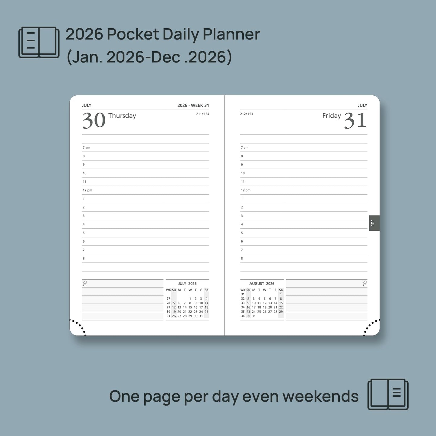 POPRUN Daily Planner 2026 (Jan - Dec), (Purse Size-4.25" x 6.25") 2026 Daily Calendar with One Page Per Day Even Weekends, Hourly Appointment Book with Pocket, PU Leather Softcover - Grey