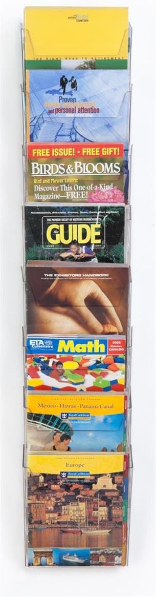 Displays2go Hanging Literature Rack with 8 Tiered Pockets for 8.5x11 Magazines, Wall Mounting Bracket Included - Clear Plastic