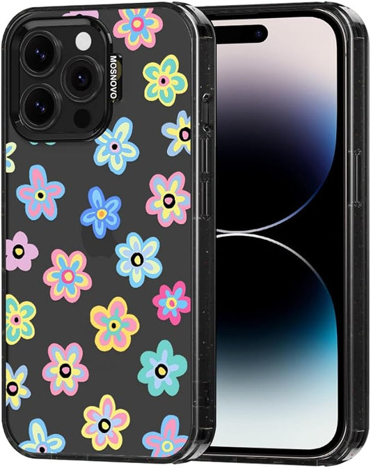 MOSNOVO Case for iPhone 14 Pro Max, [10ft 4X Military-Grade Drop Protection] Durable & Shockproof Phone Case Cover Design for iPhone 14 Pro Max - Groovy Flower - Clear Black