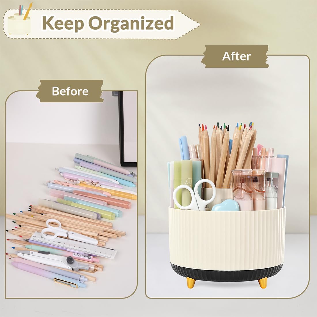 SKYDUE 360 Rotating Organizer, Dual-Purpose Pencil Pen Holder, 5-Slot Rotating Pencil Cup for Office, School, Home (Beige-Black)