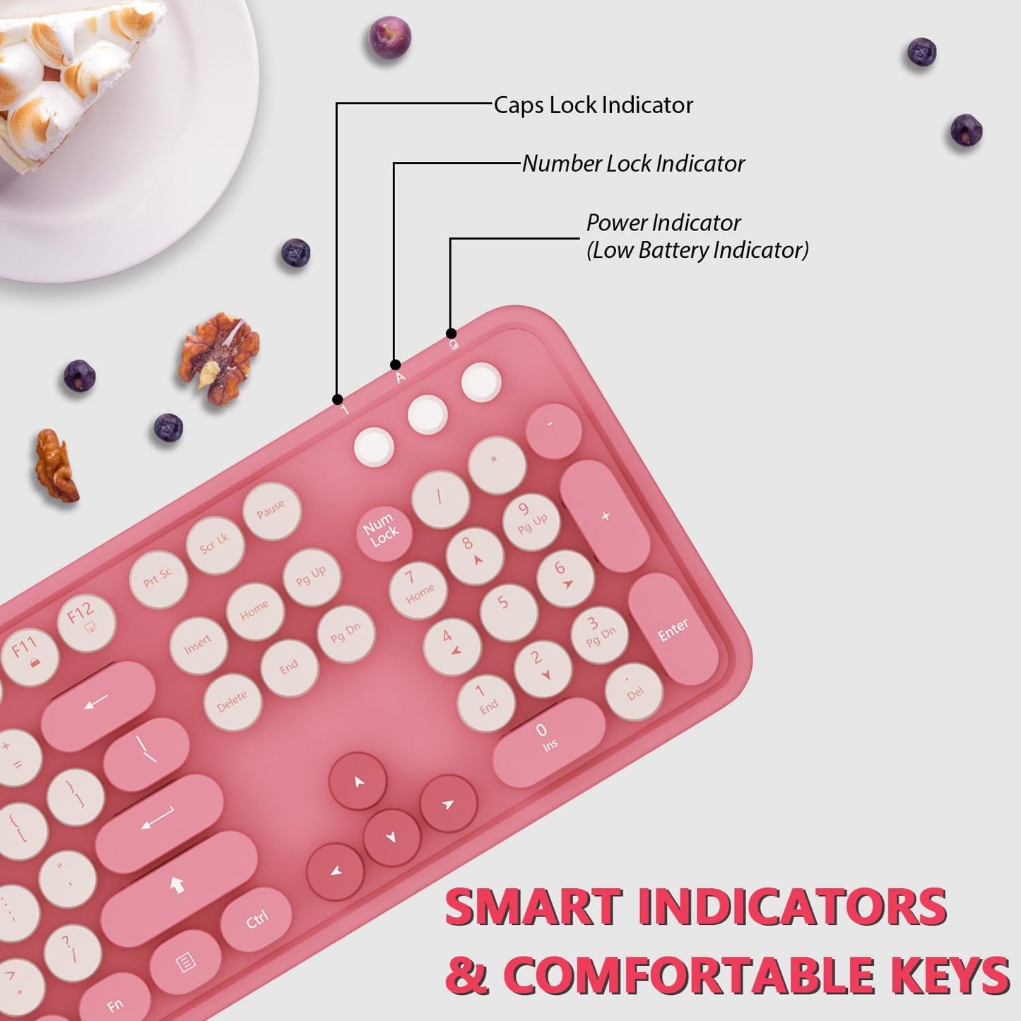 Wireless Keyboard,KOOTOP Cute Colorful 104 Keys Typewriter Retro Round Keycaps Keyboard for PC Laptop,Desktop,Windows, Home and Office Keyboards(Pink)