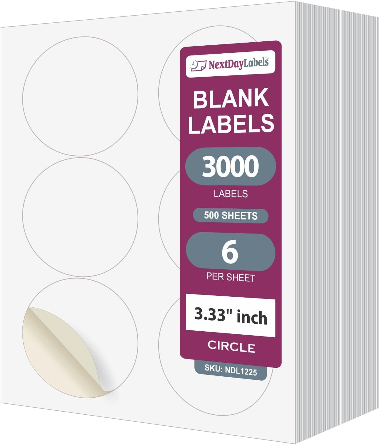 NextDayLabels - 3.33 Inch Round Stickers for Printer - Matte White Blank Laser/Inkjet Printable Circles (500 Sheets, 6 Per Sheet, 3000 Labels)