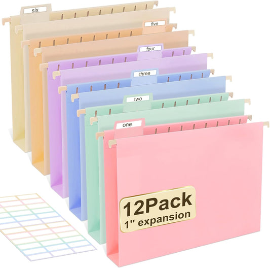 Plastic Hanging File Folders Letter Size,12 Pack Pastel Hanging Folders with Tabs,Heavy Duty for Filing Cabinet,Home and Office File