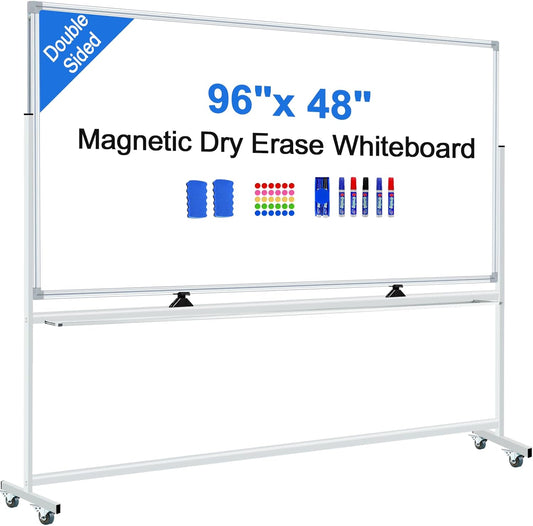 96"x48" Large Magnetic White Board Dry Erase Whiteboard with Rolling Stand 8’x4’ Double-Sided Mobile White Boards on Wheels, Including 3 Magnetic Erasers, 7 Markers, 30 Magnets