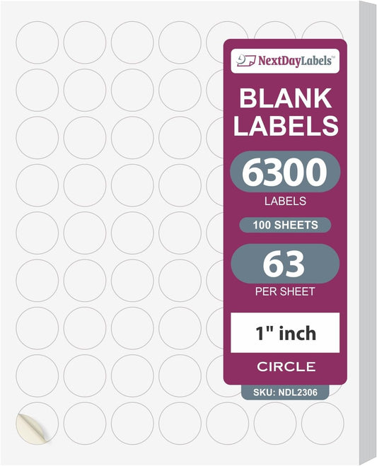 NextDayLabels - Laser/Ink Jet White Labels (1" Round - 63 Per Page | 6300 Labels)