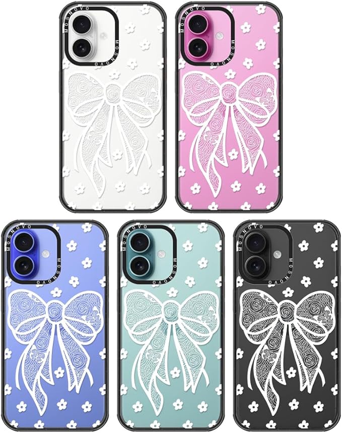 MOSNOVO Case for iPhone 16, [10ft 4X Military-Grade Drop Protection] Durable & Shockproof Phone Case Cover Design for iPhone 16 - Lacey Bow - Clear Black