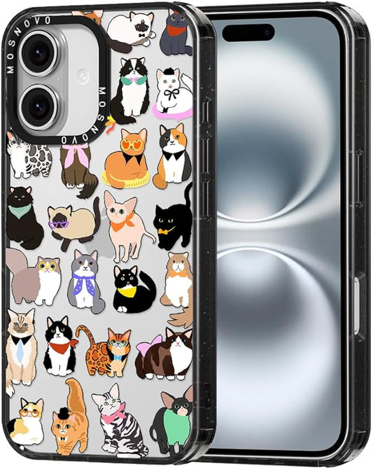 MOSNOVO Case for iPhone 16, [10ft 4X Military-Grade Drop Protection] Durable & Shockproof Phone Case Cover Design for iPhone 16 - Cute Cats - Clear Black