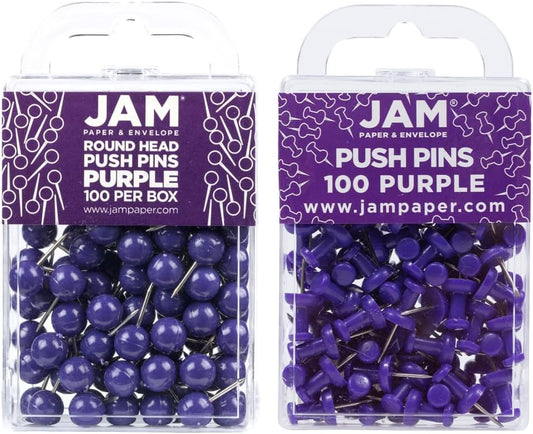 JAM PAPER Colorful Push Pins - Flat & Round Head Thumb Tack Combo Set - Purple Pushpins - 200/Pack