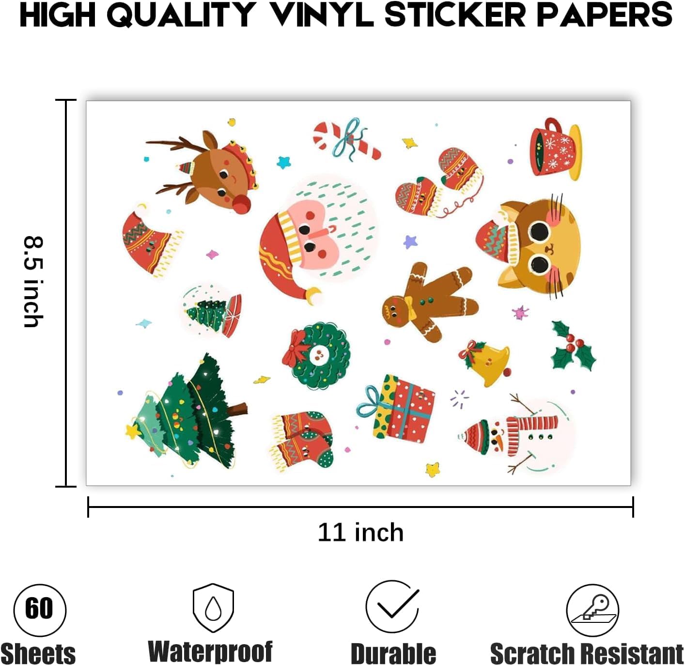 60 Sheets Premium Printable Vinyl Sticker Paper for Inkjet Printer, Glossy White Waterproof, Dries Quickly, Vivid Colors, Tear Resistant, 8.5x11 Inkjet Vinyl Sticker Paper Great for Cutting Machines