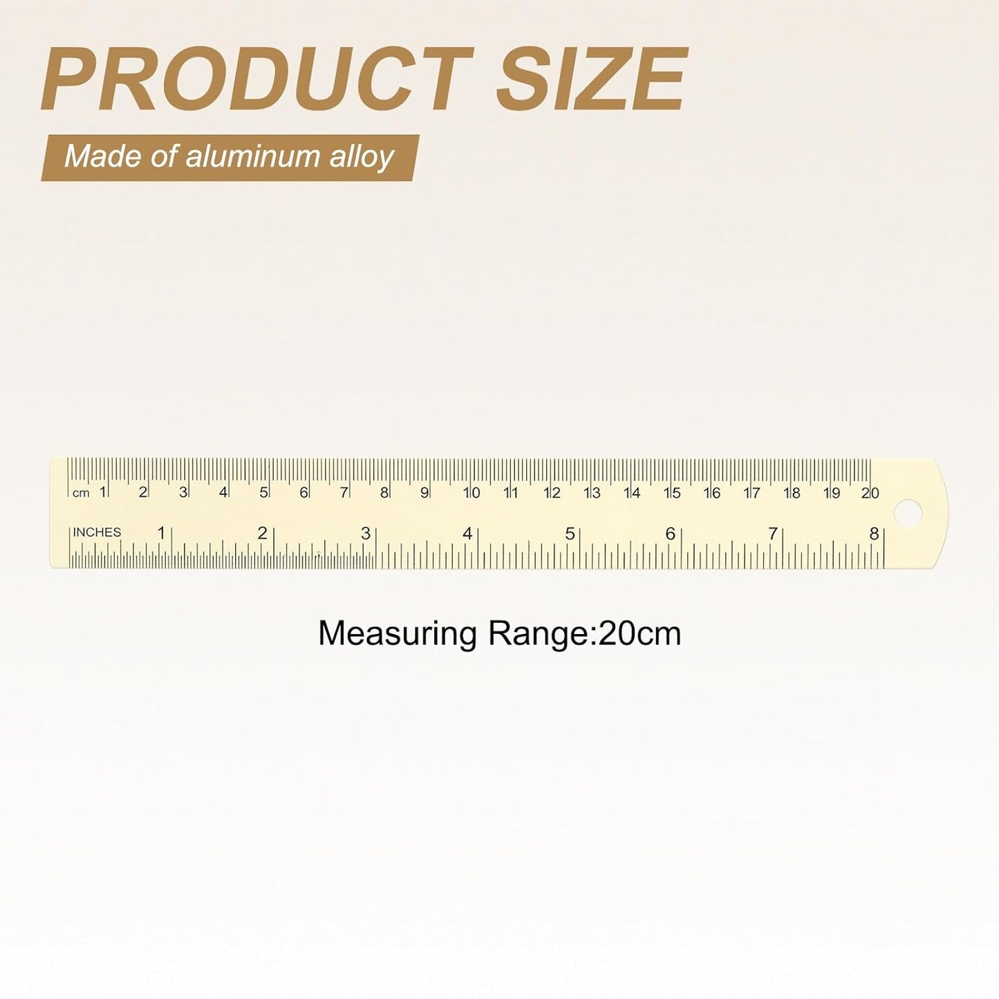 HARFINGTON 2pcs Metal Straight Ruler 20cm Metric SAE Aluminum Alloy Measuring Rulers Scale Tool with Hole for Measure Study Reading Classroom Office, White