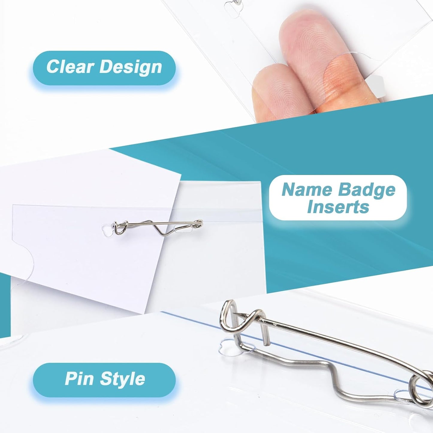 Anjmd 50 Pieces Pin Style Name Badge Holders Name Tags with Pins Clear Plastic Name Tag Holder Name Badge Holders with 50 Pcs Inserts Fit Card (3.58x2.16 inch)
