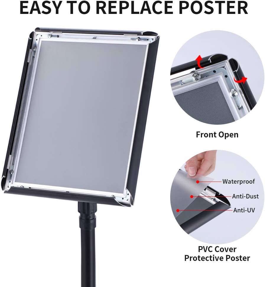 Adjustable Pedestal Poster Sign Stand 8.5x11 inchs, Black Floor Standing Sign Holder with Aluminum Snap Open Frame for Vertical/Horizontal Sign Displayed, for Store/Office/Hotel/School