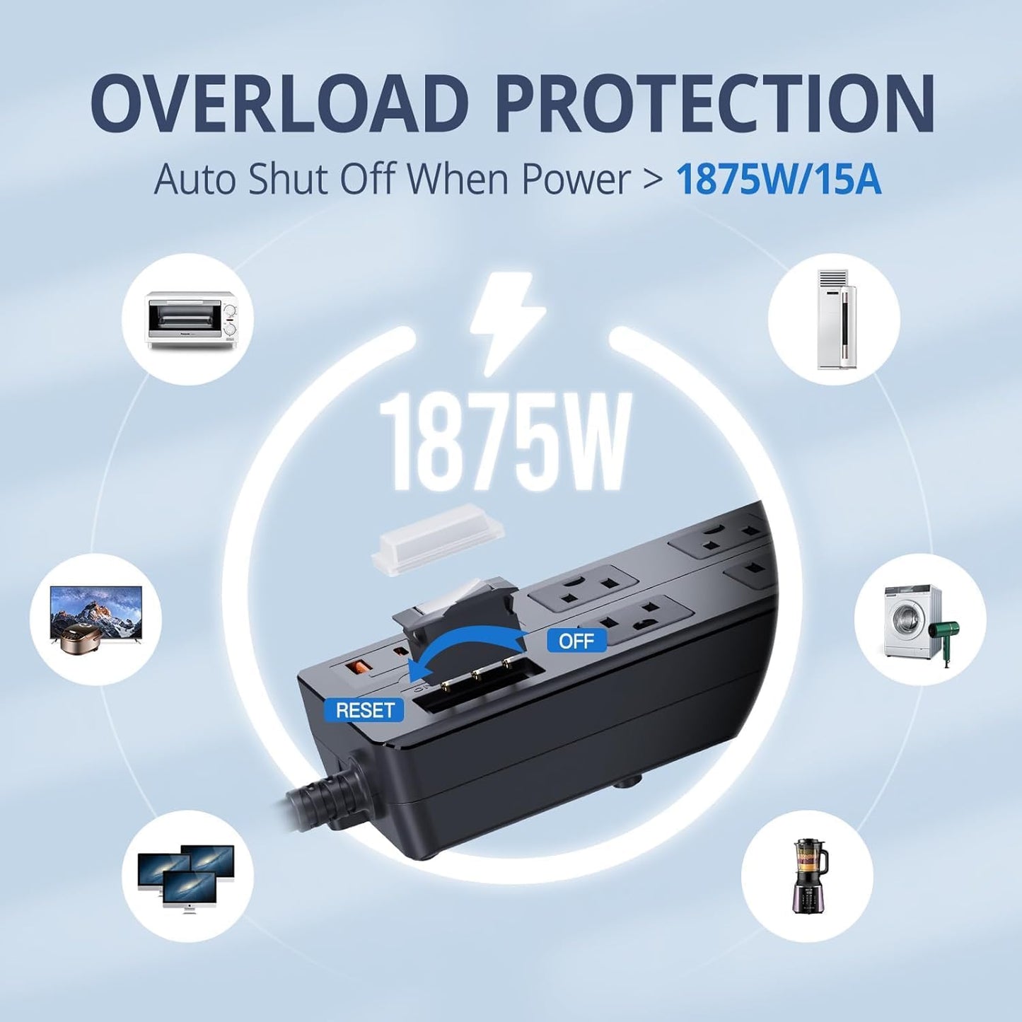 IPX6 Outdoor Power Strip Weatherproof, Waterproof Surge Protector with 8 Wide Outlet with 2A2C USB Ports, 10FT Long Extension Cord, Wall Mountable for Outside Decorations and More UL Listed(Black)