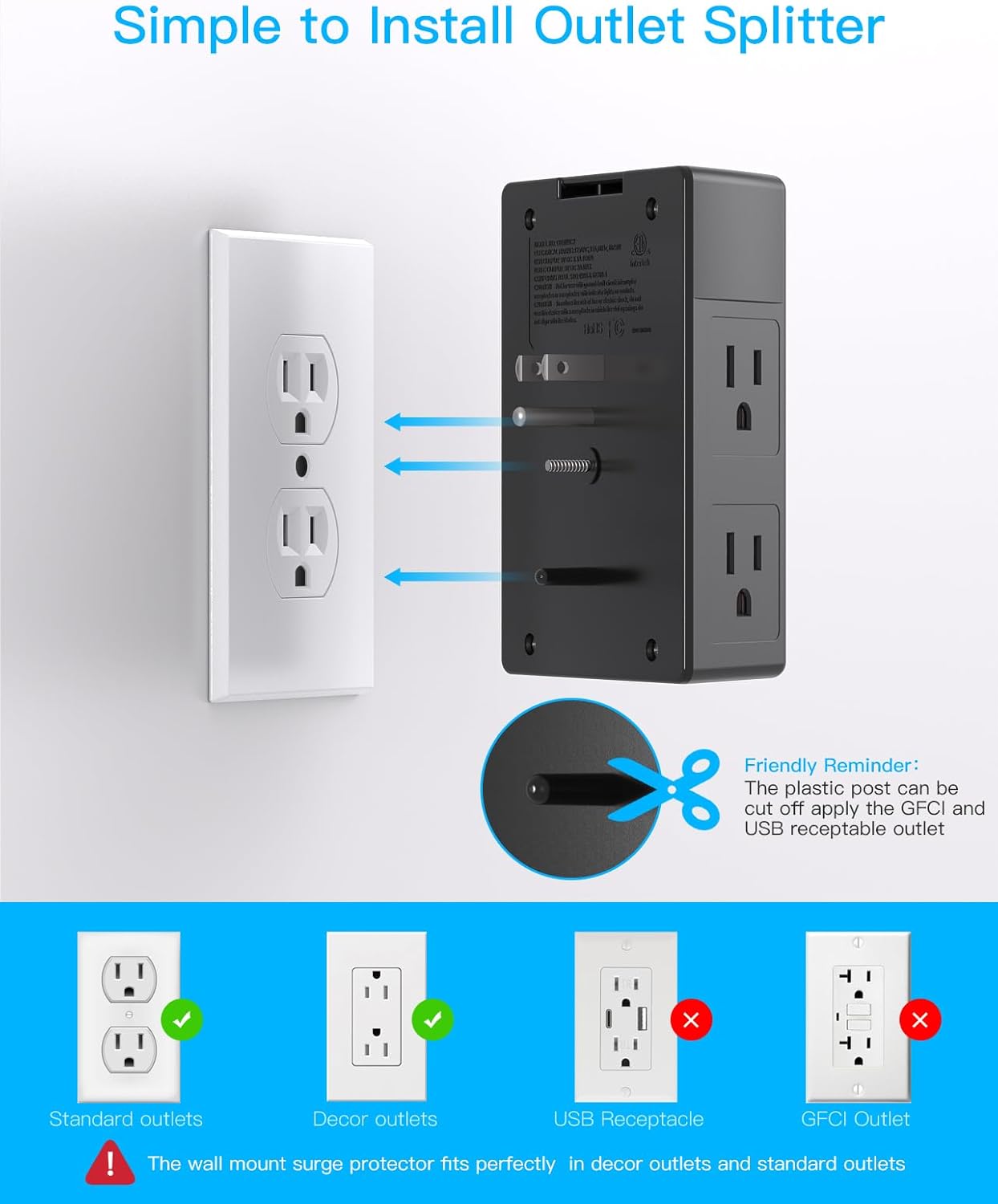 Surge Protector, 5 Outlets Extender with 4 USB Ports(USB C), 3-Side 1680J Power Strip Multi Plug Outlet Expander, USB Wall Charger, Outlet Splitter Adapter Wall Mount for Home Office ETL Listed（Black）