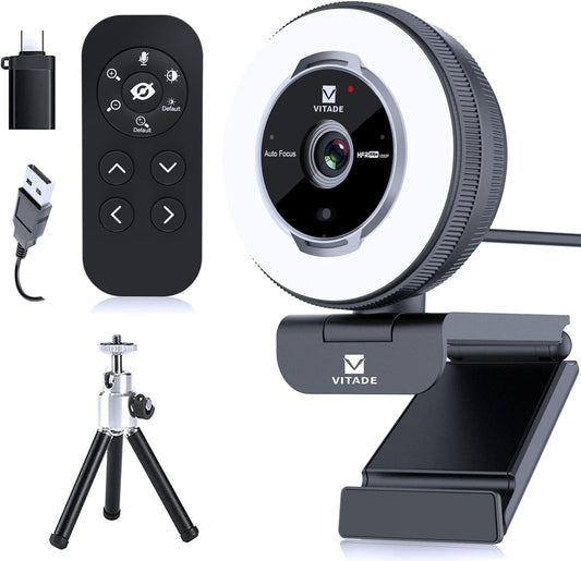 Zoomable Webcam with Remote Control, 1080P 60FPS Streaming Webcam with Adjustable Ring Light and Tripod, Pro USB 5X Digital Zoom Webcam for Zoom/Skype Teams/Laptop/Mac Windows
