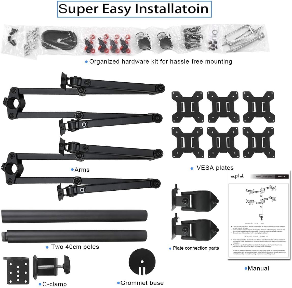 Suptek Hex LED LCD Monitor Stand up Desk Mount Extra Tall 31.5 inch Pole Heavy Duty Fully Adjustable Stand for 6 / Six Screens up to 27 inch (MD68126)