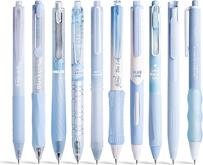 10 Count Pastel Gel Ink Pen Set,Cute Note Taking 0.5mm Fine Point Retractable 10 Count Black Ink Pens with for Writing, Journaling, School, Office (Blue)