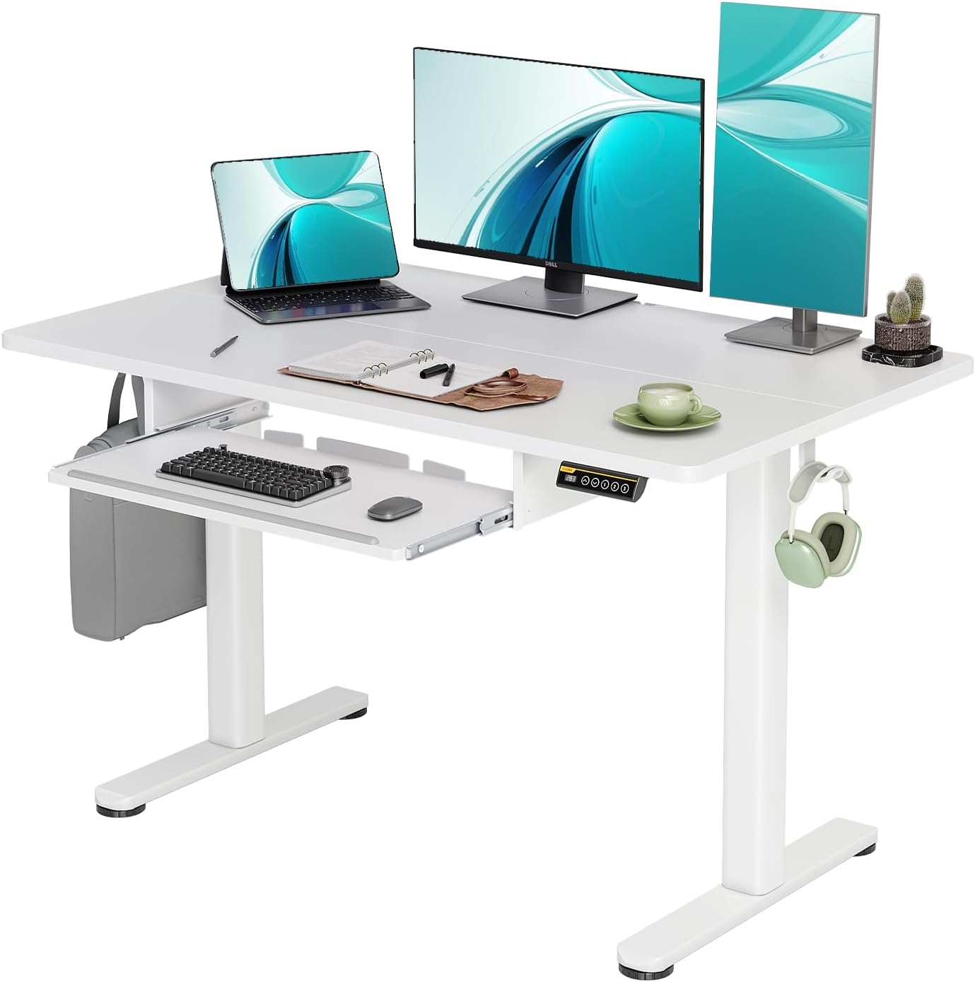 Claiks Standing Desk with Keyboard Tray, Electric Standing Desk Adjustable Height, 48x24 Inches Sit Stand up Desks with Splice Board, Raising Desks for Home Office, White