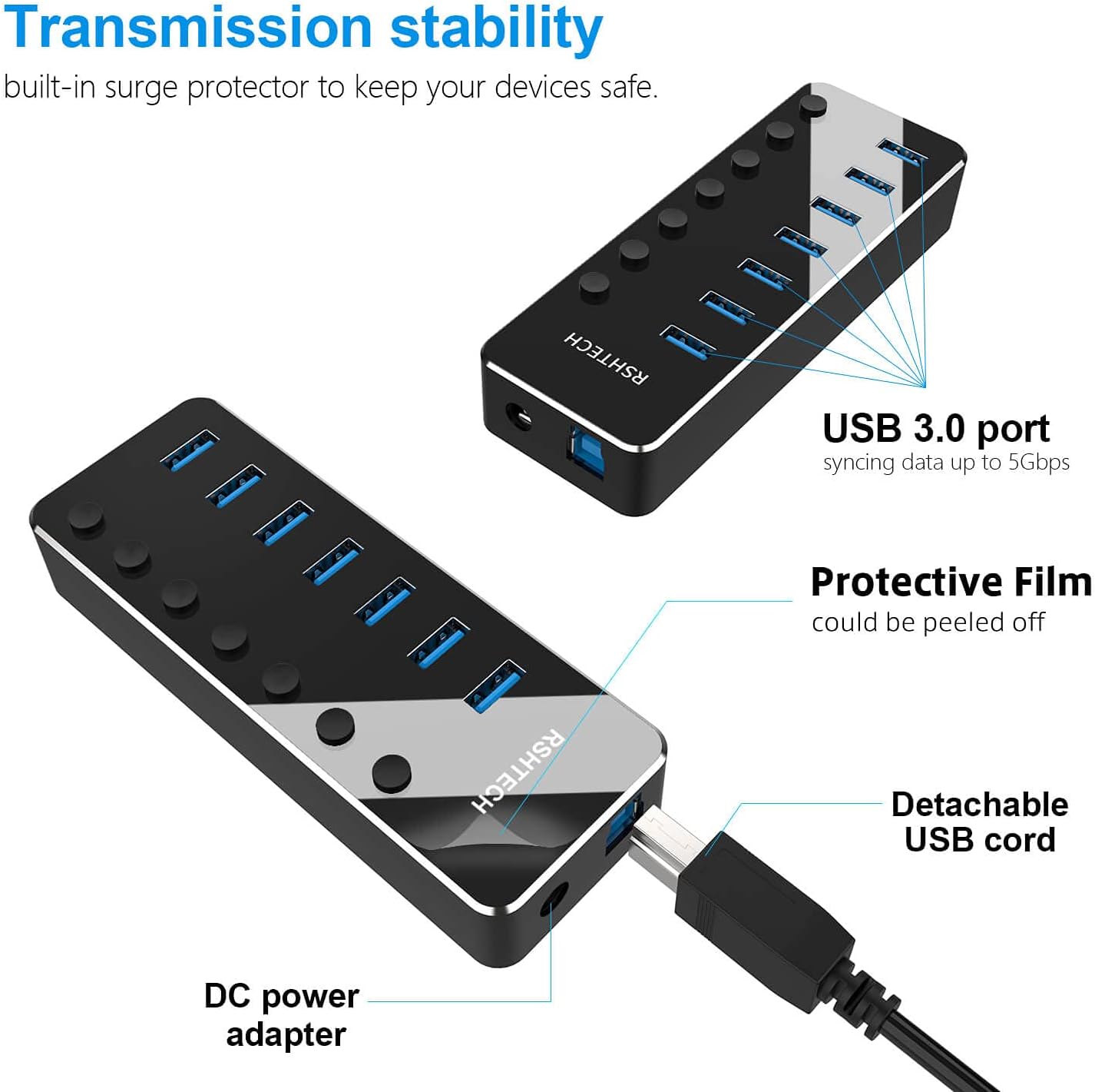 USB 3.0 Hub, RSHTECH 7 Port Powered USB Hub Expander Aluminum USB 3.0 Data Port hub with Universal 5V AC Adapter and Individual On/Off Switches USB Splitter for Laptop and PC(Black)