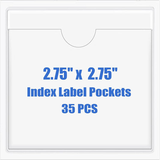 Origin-Joy 35 PCS Self Adhesive Index Card Pockets with Top Open, Clear Plastic Label Holder for Notes, Library and Business, Adhesive Label Pockets & Holder (2.75 x 2.75 inch)