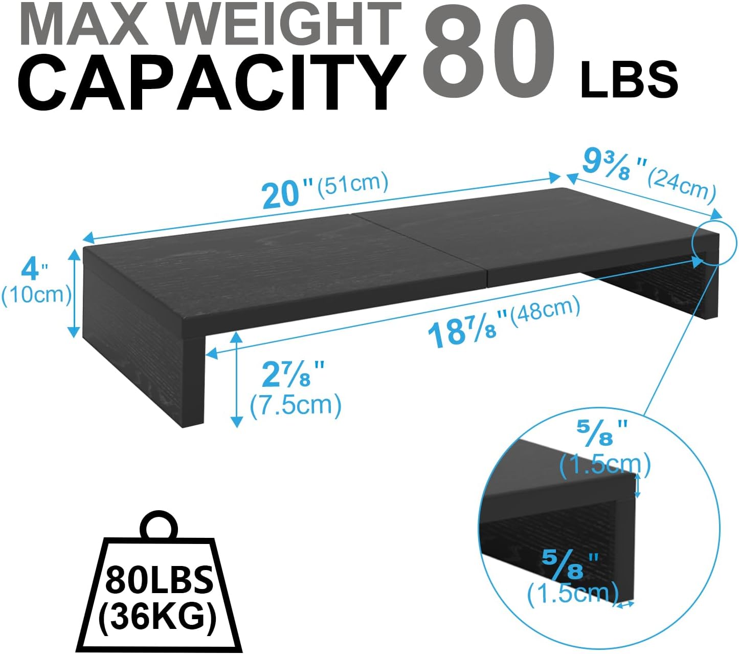 TEAMIX 2 Pack Monitor Stand Riser-20 inch, Black Desktop Stand for PC/TV/Laptop/Printer, Keyboard Shelf Organizer Wood Monitor Riser with Storage