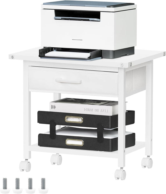 Lerliuo Under Desk Rolling Printer Stand with Drawer, 2-Tier Industrial Mobile Printer Table Desk with Storage Shelf and Steel Frame, Printer Cart Holder with Lockable Wheels for Home, Office (White)
