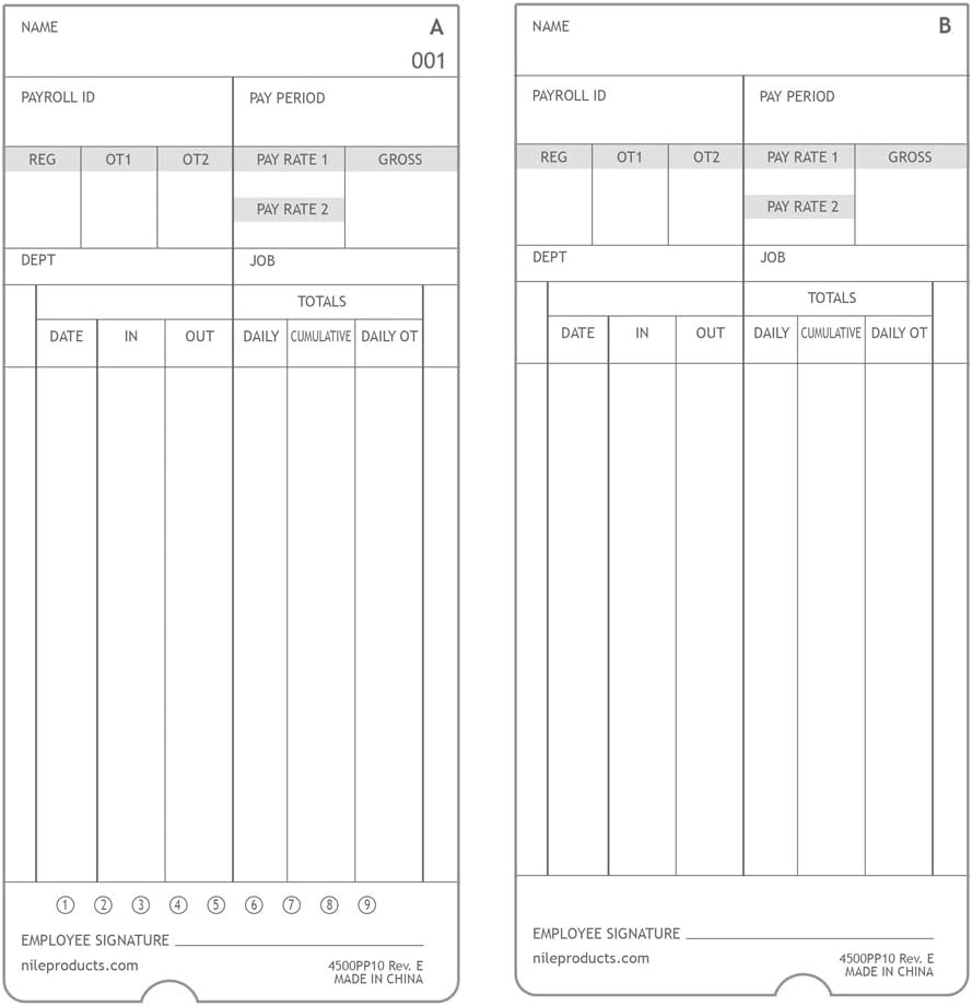 Nile Products - Authorized Time Cards for Nile Products 4500PP Compatible [ 4500PP10 ] Electronic Time Clock, Double Sided Time Sheets (3.37 x 7.37 Inches) - 100 Time Cards Per Package