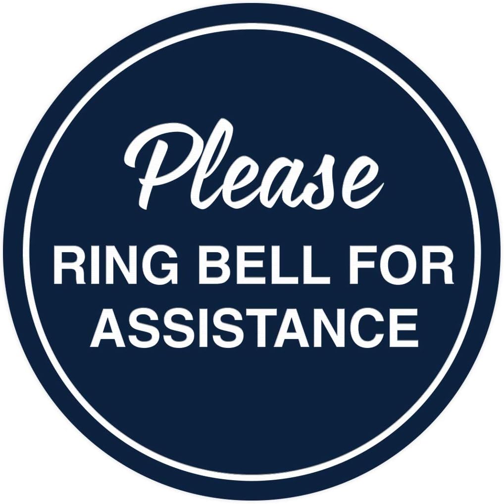 Signs ByLITA Circle Please Ring Bell For Assistance Wall or Door Sign | Easy Installation | Front Desk Reception Sign (Navy Blue/White) - Medium (2 Pack)