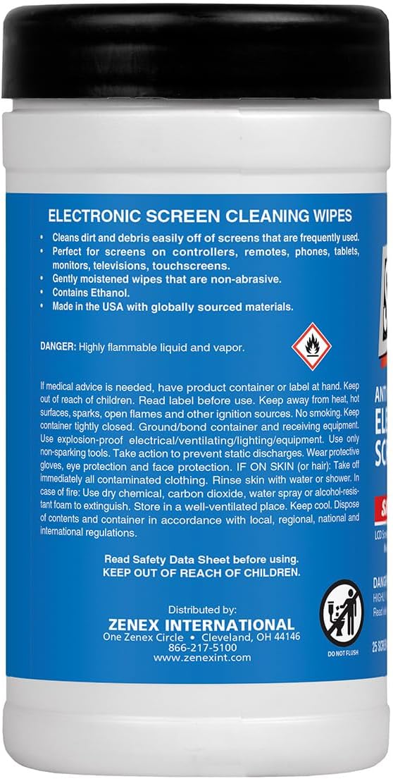 Zenex Screen Clean Anti-Static Electronic Screen Wipes - Single Sided Non-Abrasive Towels | For TV, Phones, Monitors | Quick Dry & Streak-Free | Prevents Static Build-up (3 Pack | 75 Sheets Total)