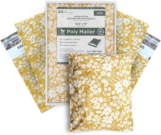 Poly Mailers 14.5x19 Inch 50 Pack Extra-Large Shipping Bags Strong Thick Mailing Envelopes Self Sealing Adhesive Waterproof & Tear Proof | Small Business Packaging for Clothing - Floral Mustard Yellow