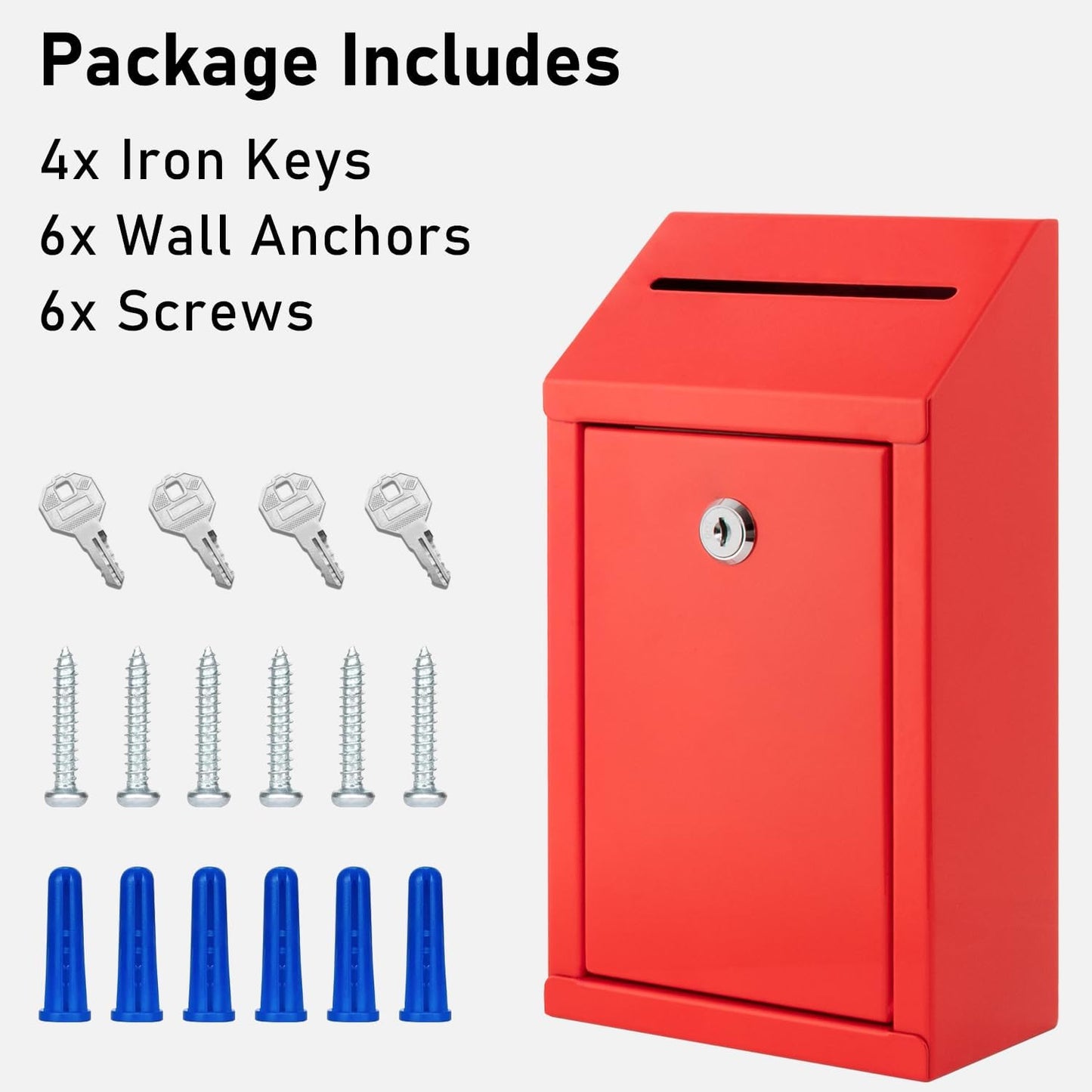 Metal Donation Box with Lock, Wall Mounted, Suggestion Box with 4 Iron Keys, Red, Cash Drop Box with Slot, 1-Pack