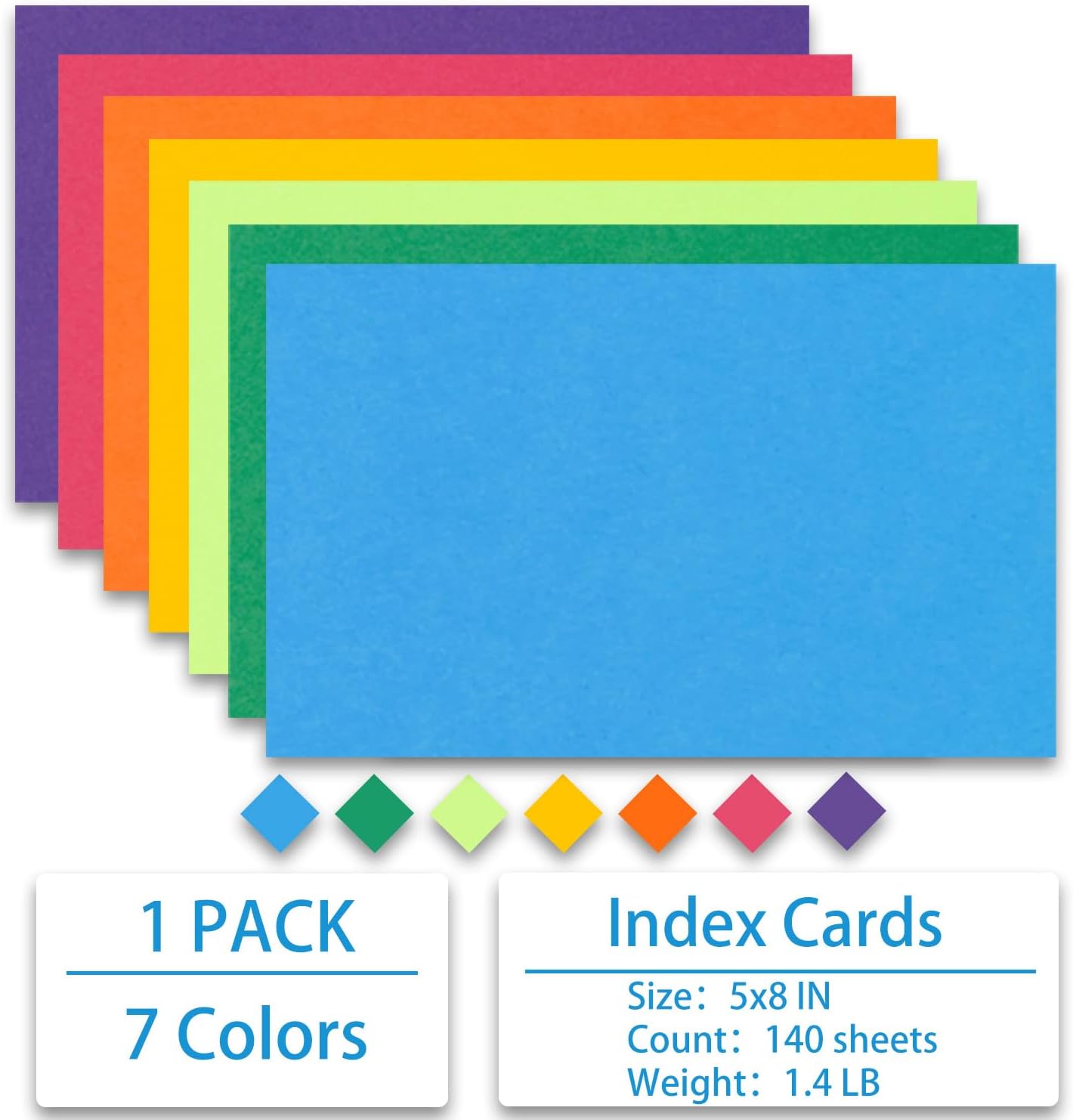 Index Cards 140-Count 5x8 Inch,178GSM Heavyweight Set of 7 Colors Paper Multicolor Study Cards (Rainbow)
