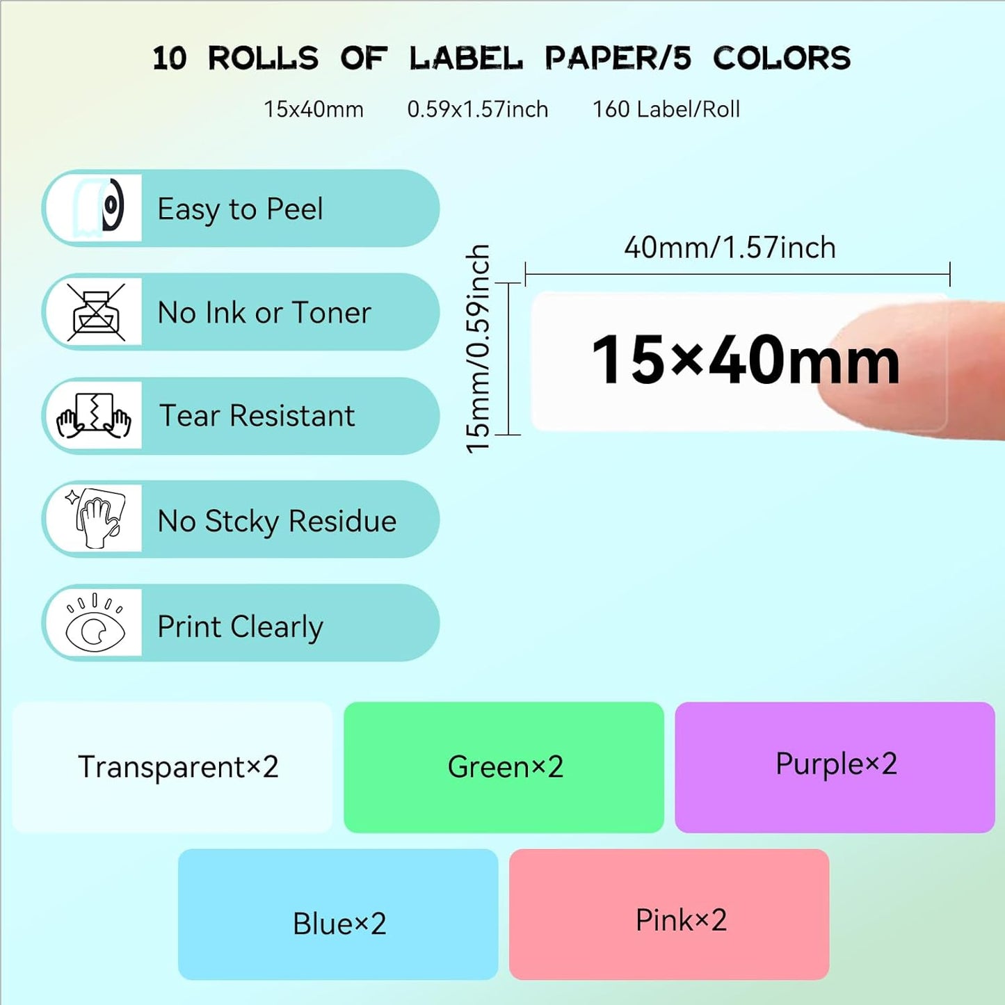 Label Maker Tape Refill 15mm 0.47 Standard Laminated Thermal Label Tape Replacement 0.59"×1.57"(15×40mm), 1650 Labels/10Rolls/Pack, High Definition Labeling Tape for Home Office School Hotel